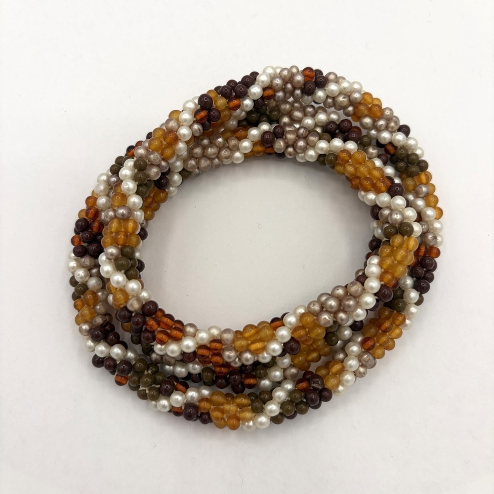 Endless Seed Bead Woven Spiral Rope Necklace Faux Pearl Amber Fall Colors - Picture 3 of 7